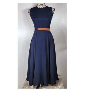 Rocksanda Pleated A-Line Dress, Navy Blue, Orange trim accents, Size 8 NWT